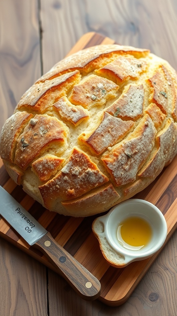 A golden brown loaf of homemade bread sliced on a wooden board with olive oil and herbs.